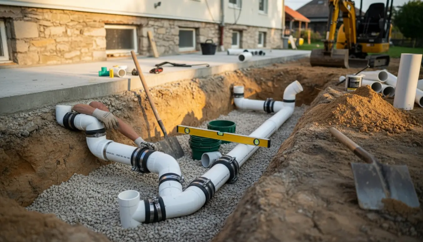 Gravning og installation af PVC-kloakrør mellem ny tilbygning og eksisterende hus, med rør, fittings og værktøj.