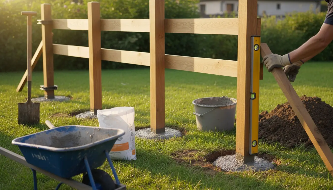 Tre 200 cm høje stolper støbes i jorden med våd stolpebeton, mens afstivere og handsker holder dem på plads.