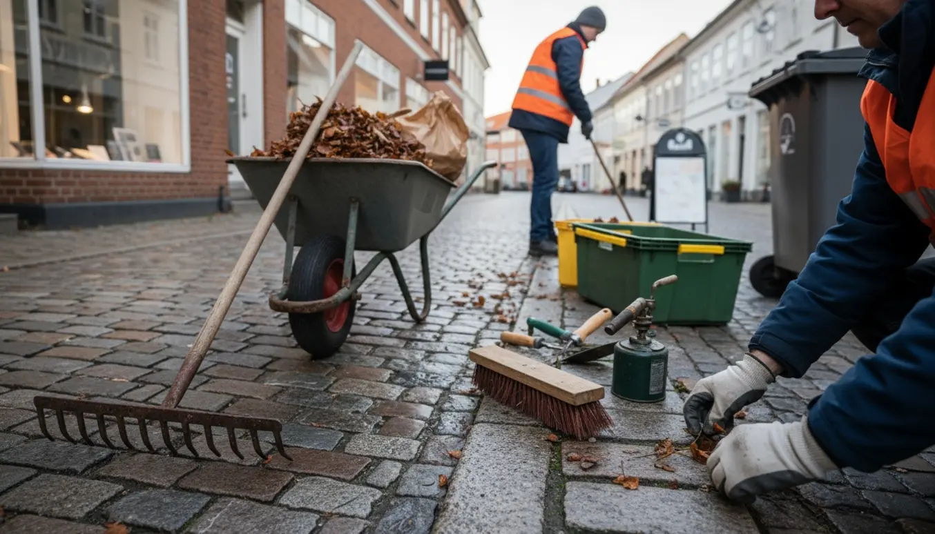 Udeareal i Skjern centrum med en person set bagfra, der fjerner ukrudt mellem brosten og samler haveredskaber til vinterklargøring.