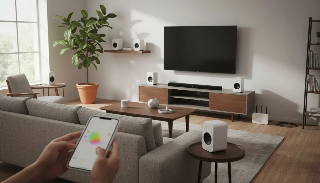 Hænder holder en smartphone foran en stue med seks trådløse højttalere og en soundbar under TV'et.