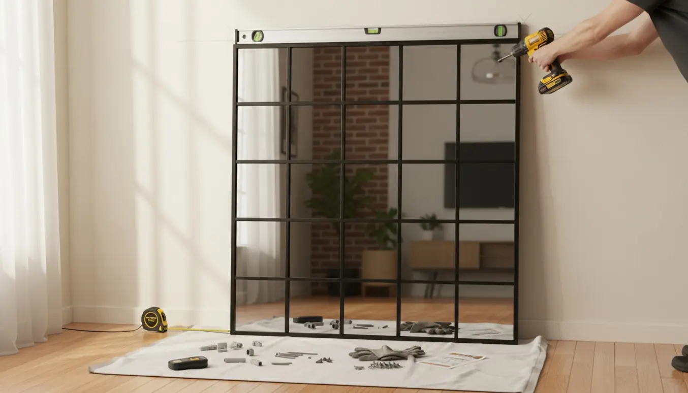 Et New Yorker-spejl bliver monteret på en væg med bor, vaterpas og målebånd synligt.