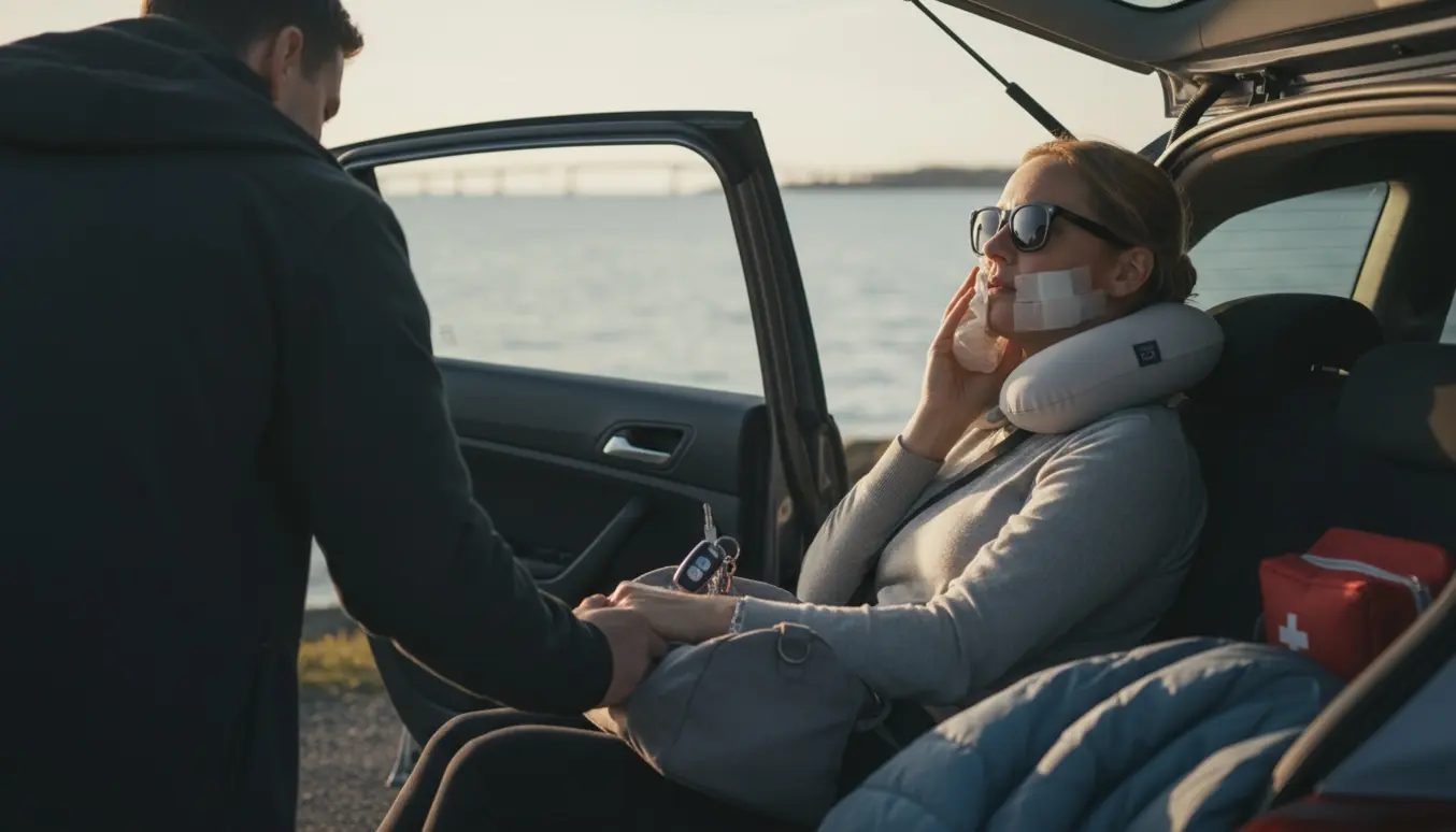 En chauffør hjælper en person med kæbebandage ind i en bil ved kysten, klar til kørsel fra Ystad mod København.