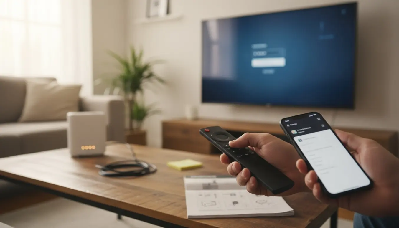 Hænder forsøger at logge ind på en smart-tv-app med fjernbetjening, smartphone og router i en stue.