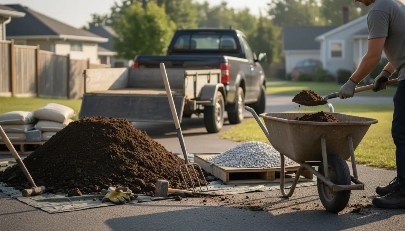 Stor bunke jord ved indkørsel klar til bortkørsel med skovle, trillebør og en lille tipvogn.