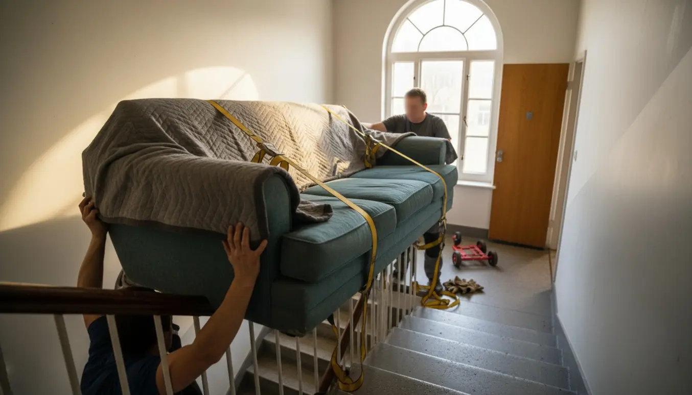 To hjælpere bærer en 3-personers sofa op ad en trappe til en lejlighed på 2. sal, pakket i flyttetæpper og sikret med stropper.
