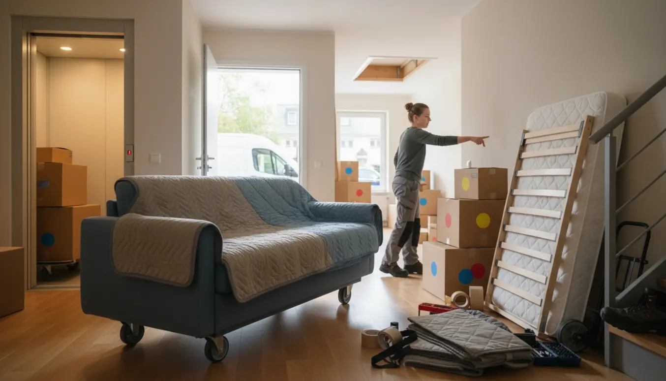 Flyttebillede med 2 m sofa og seng pakket på dolly, datter hjælper bagfra, elevator åben og flyttebil udenfor.