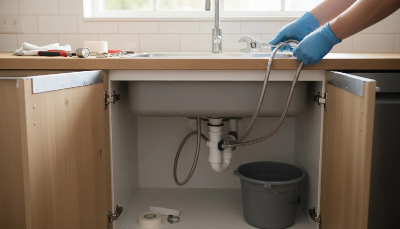Hænder monterer nye opvaskermaskineslanger og afløbsrør under et køkkenvask.