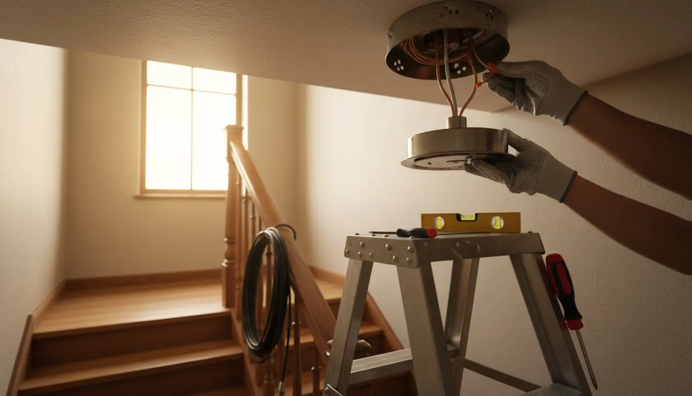 Hænder monterer en loftslampe over en trappe ved en åben loftsmuffe med værktøj på en stige.