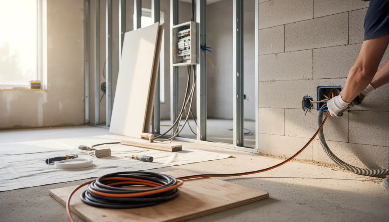 Elektriker trækker kabler i en ny væg i et hus under totalrenovering med åbne installationsdåser og værktøj i forgrunden.