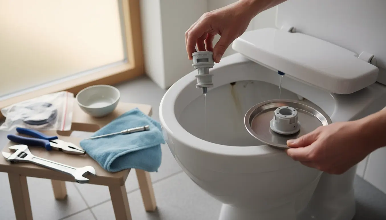 Åbent IFÖ-toilet med porcelænsryg løftet, indmad og reservedele klar til udskiftning.