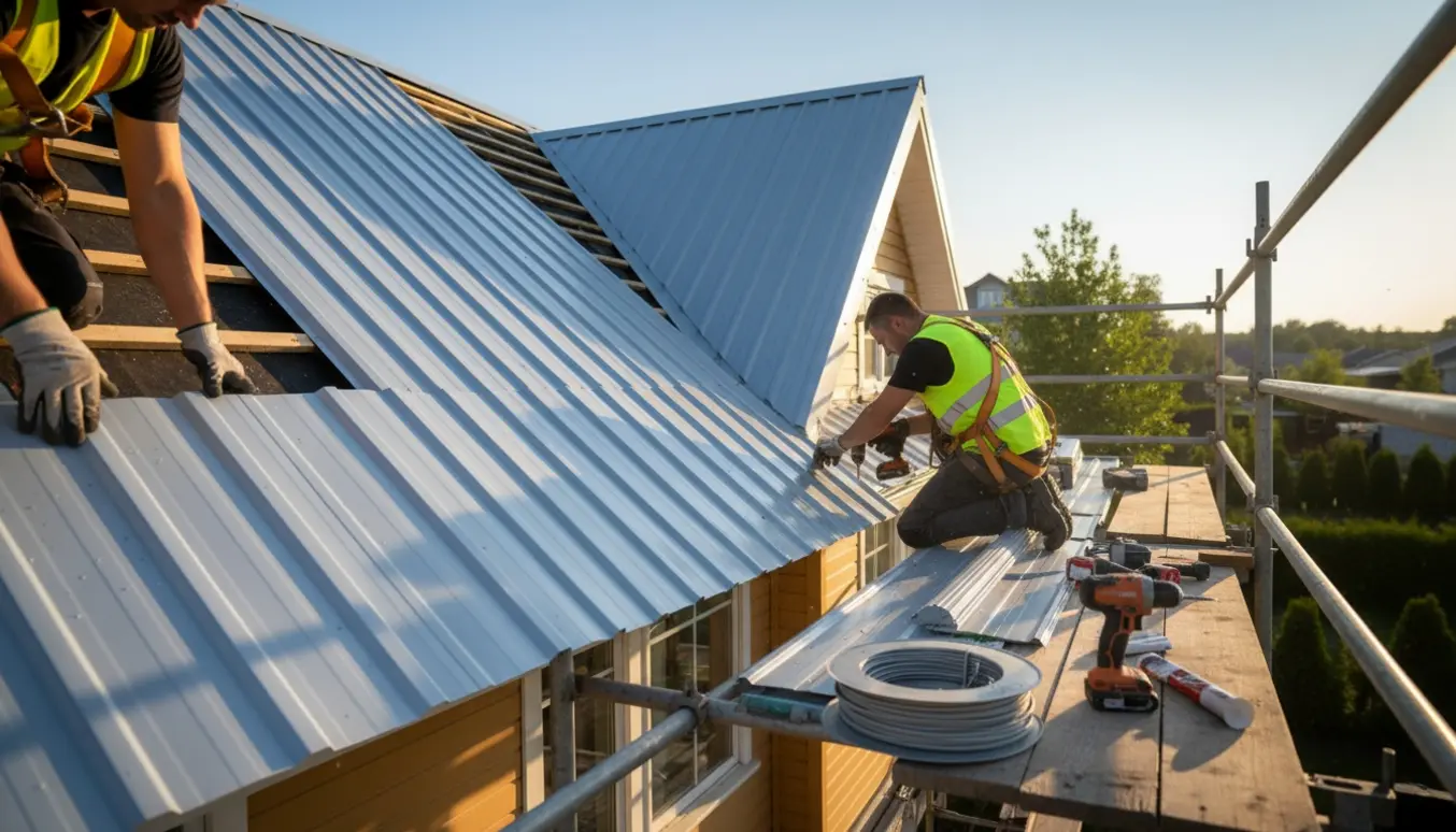 Arbejdere udskifter tagplader på et hus med stillads, nye plader og værktøj i forgrunden.