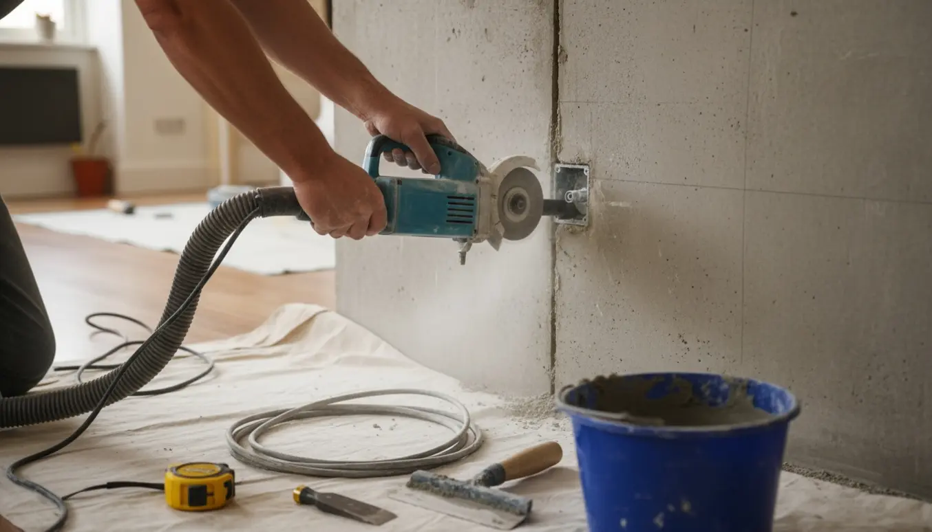 Nærbillede af indfræsning i betonvæg med rillefræser, støvsugerslange, kabel og nymuret reparationsfuge.