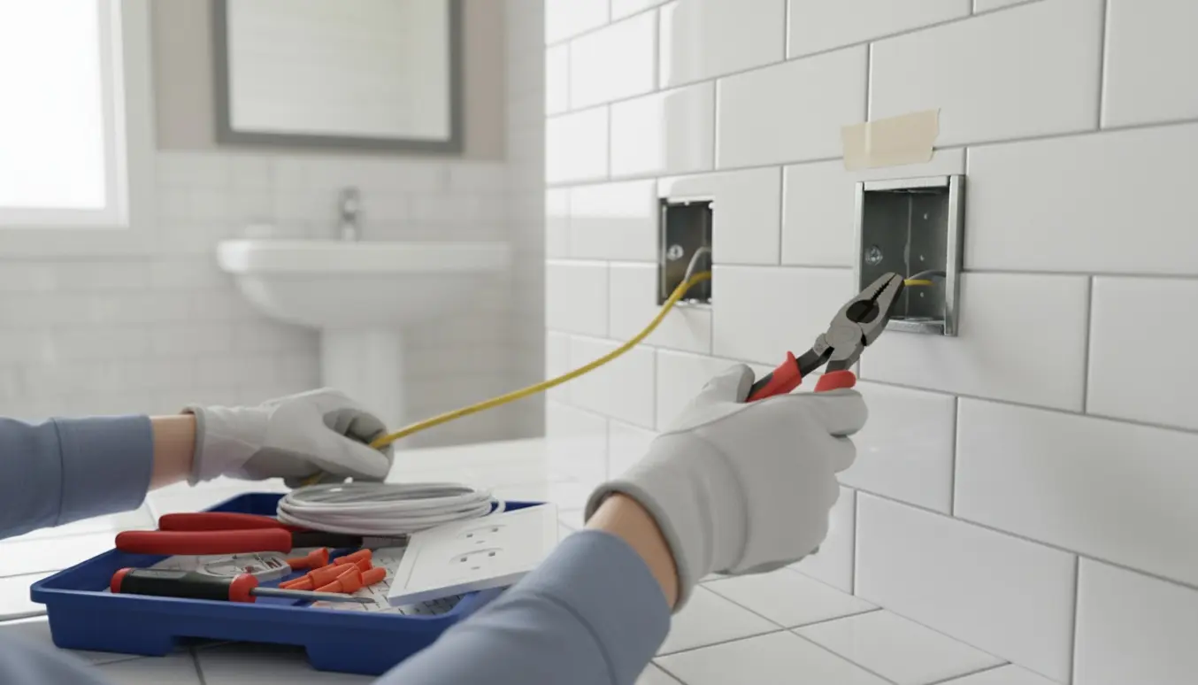 Hænder med isolerede handsker arbejder med at flytte en stikkontakt på en flisevæg i et badeværelse, omgivet af værktøj og ledninger.