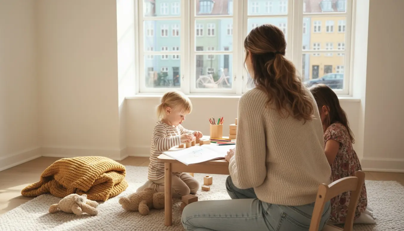 En kvindelig barnepige fra ryggen leger med to piger i en lys, skandinavisk stue med udsigt til Københavns kanaler.