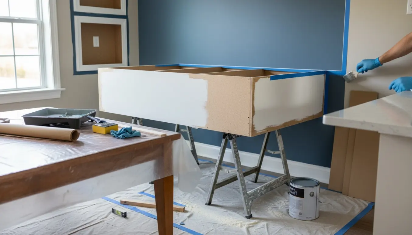 Nærbillede af nymalet væg ved spisebordet og et MDF-møbel under slibning og primer med skarpe malingskanter.