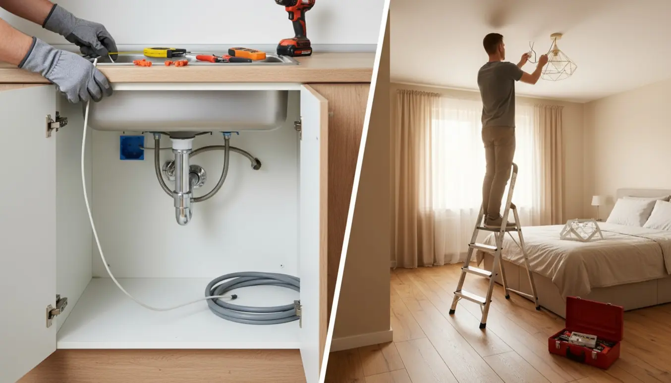 Åben underskab ved køkkenvask med elektrikerhænder der monterer en ny stikkontakt, og en stige i soveværelset hvor en loftlampe sættes op.