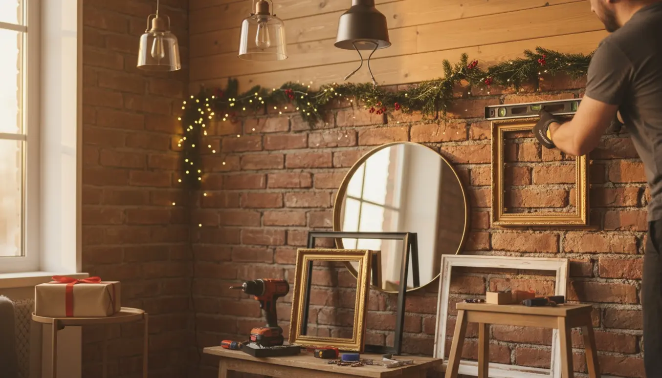 Opsætning af tre loftlamper i træloft og ophængning af billeder og spejle på en fuldmuret væg i julestemning.