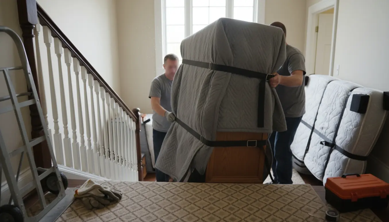 Et garderobeskab bæres op ad trappen til 2. sal, indpakket i flyttetæpper og sikret med stropper.