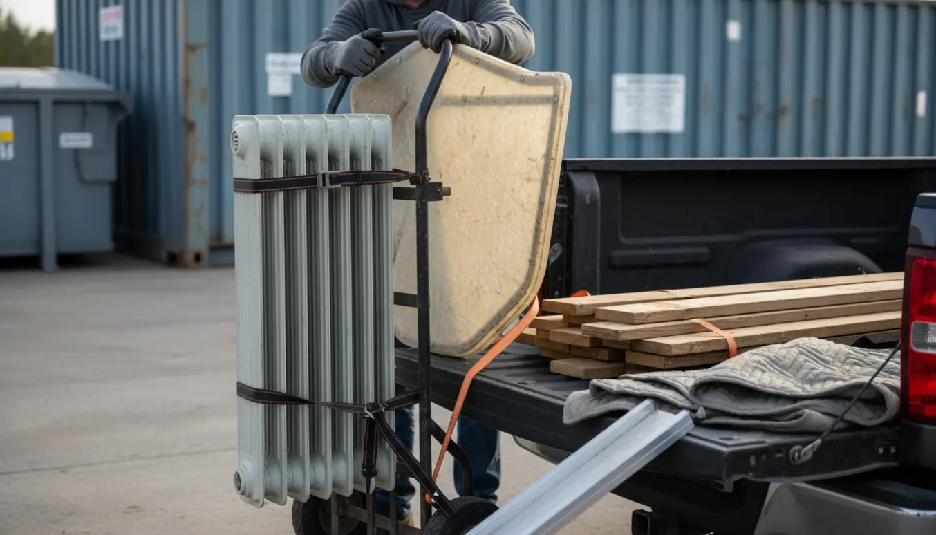 Elradiator, glasfiberbund og træplader læsses på en bil ved en genbrugsplads.