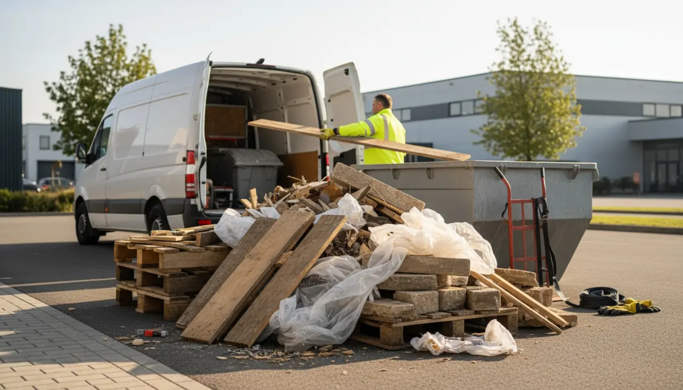 Stak byggeaffald med brædder, paller, plastik og sten ved en åben varebil på en indkørsel.