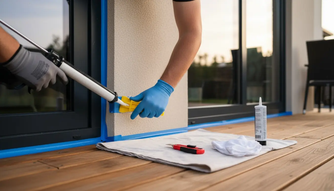 Nærbillede af hænder, der fuge en terrassedør og tilstødende vindue med en fugepistol og fugeudglatter.