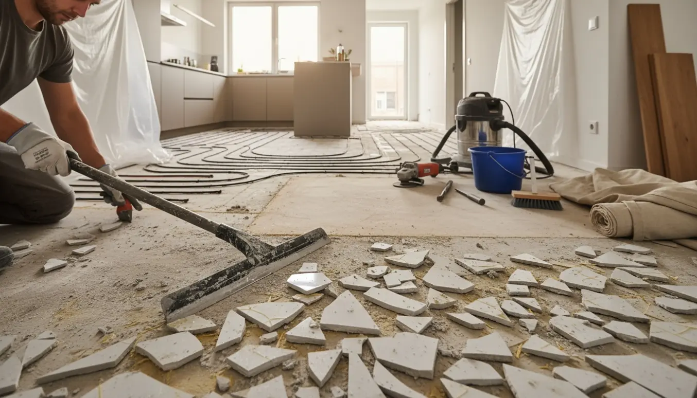 Delvist fjernet flisegulv i køkken og entré med værktøj og synlige gulvvarmerør klar til nyt trægulv.