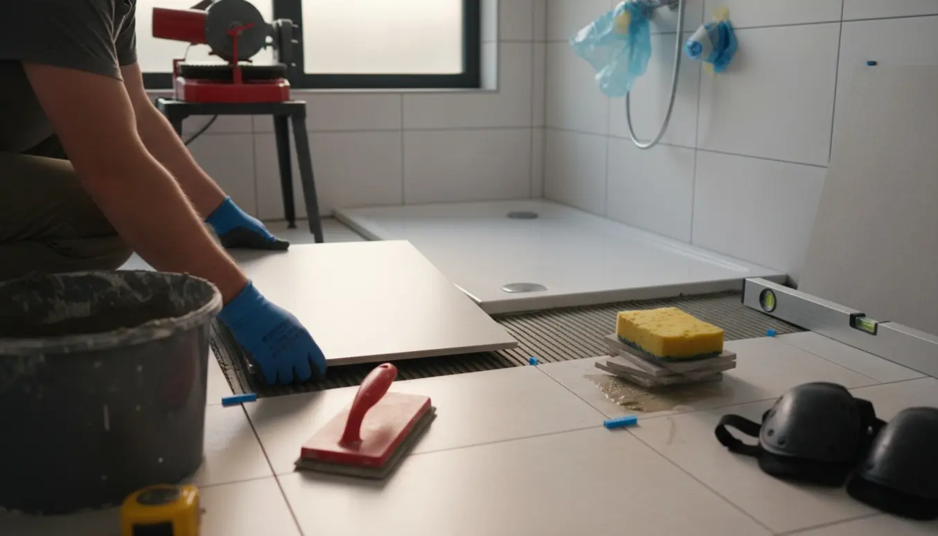 Hænder placerer en flise ved siden af et nyt brusebad i et badeværelse med flisekryds og værktøj.