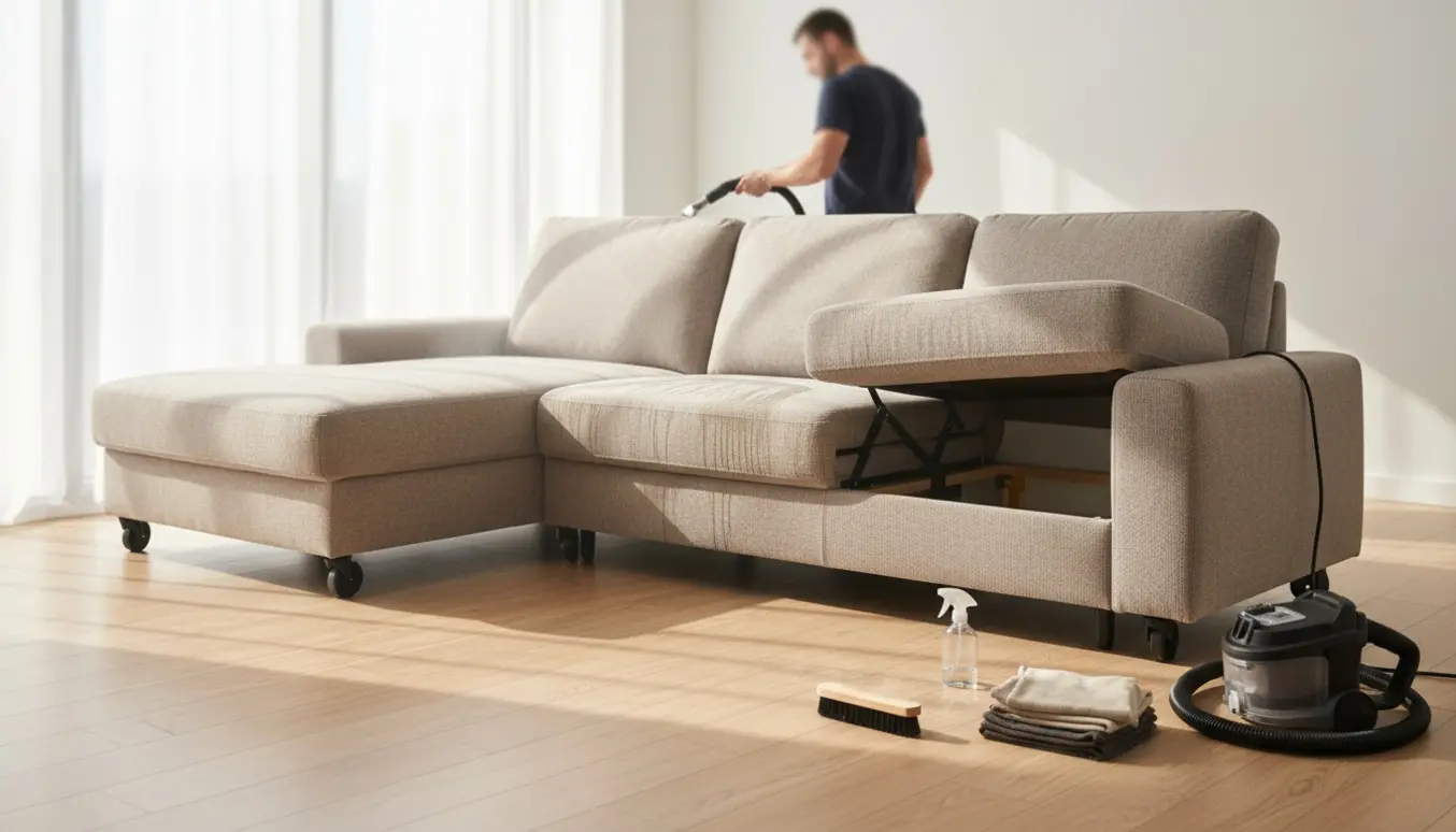 Professionel rensning af en lang trepersoners sofa med flytbar chaiselong i et lyst, moderne stuerum.