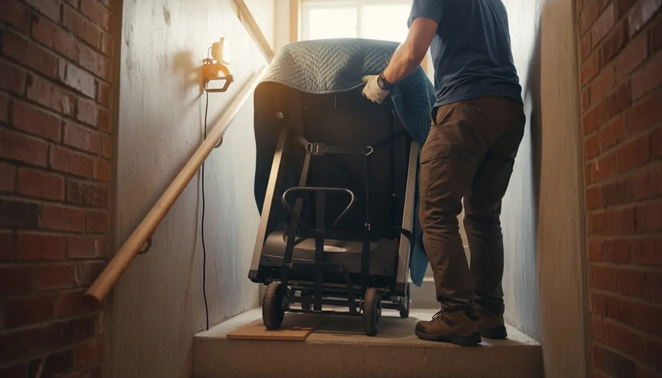To personer sænker et løbebånd ned ad en kældertrappe med surringsstroppe og flytteudstyr.