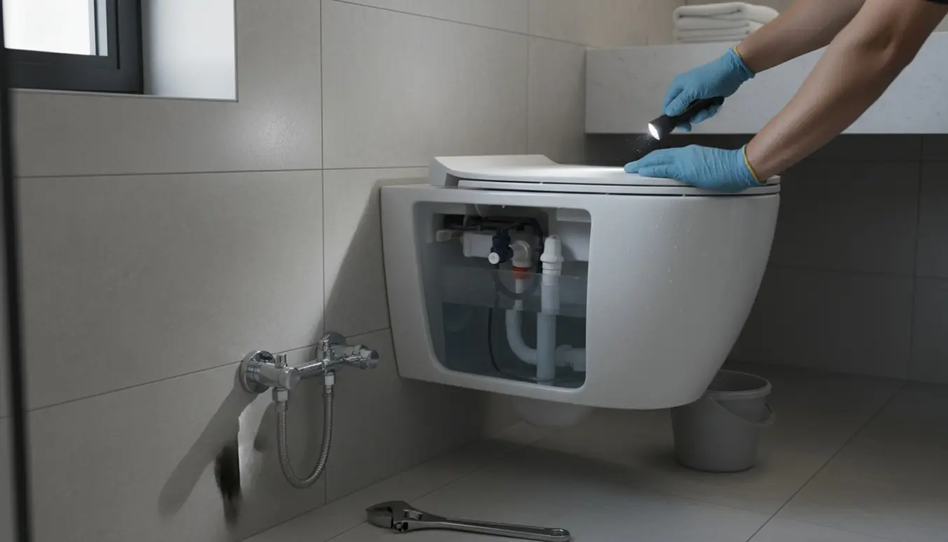 Væghængt toilet med åben cisterneskakt, handskerede hænder inspicerer lav vandstand mens værktøj ligger klar.