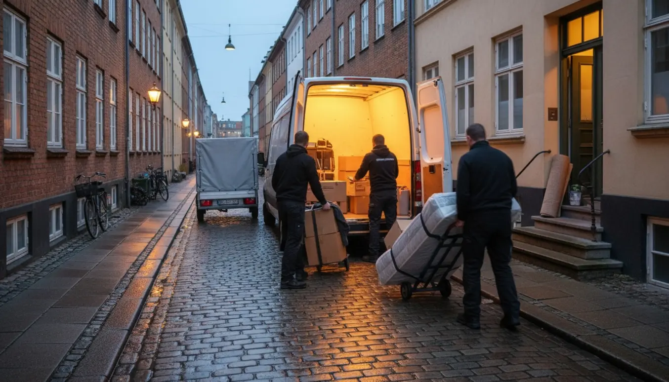 Flyttefolk læsser en lille kassevogn og overdækket trailer på en københavnsk gade om aftenen.