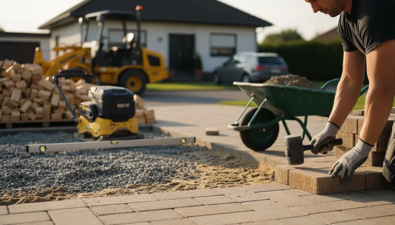 Kørefliser lægges i en indkørsel med sand, planering og værktøj, mens materialer og træbriketter er lagt til side.