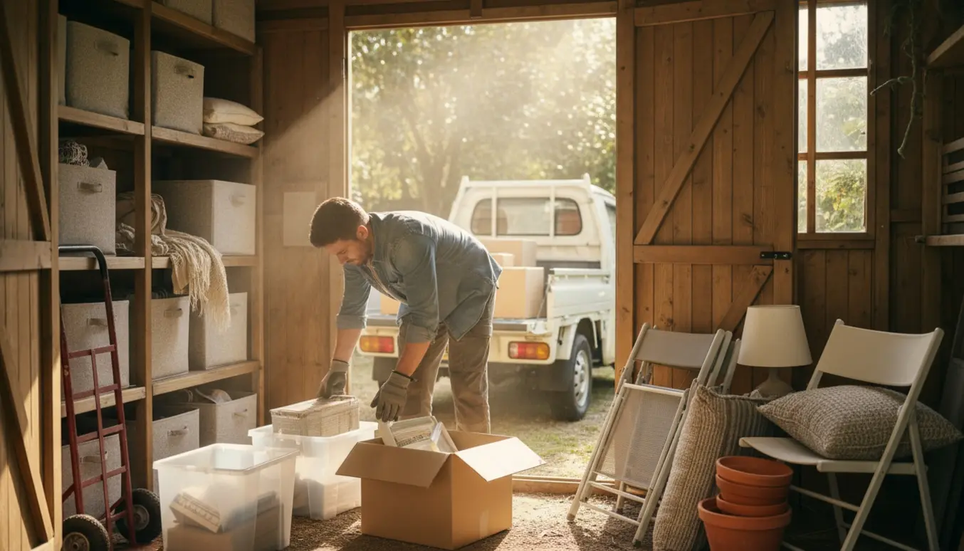 Person sorter småting i et åbent skur med opbevaringskasser og en varevogn klar til afhentning.