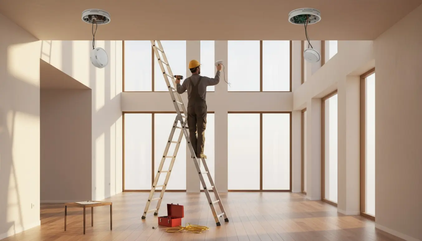 Tekniker på en høj stige fjerner to røgalarmer fra loftet i en dobbelthøj stue.