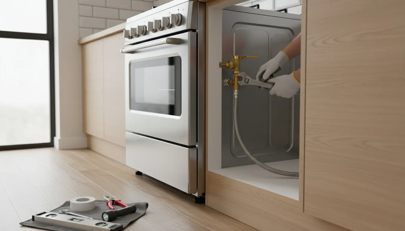 Nærbillede af hænder i handsker, der tilslutter en gaskobling til et nyt 90 cm gaskomfur med afspærringsventil over slangen.