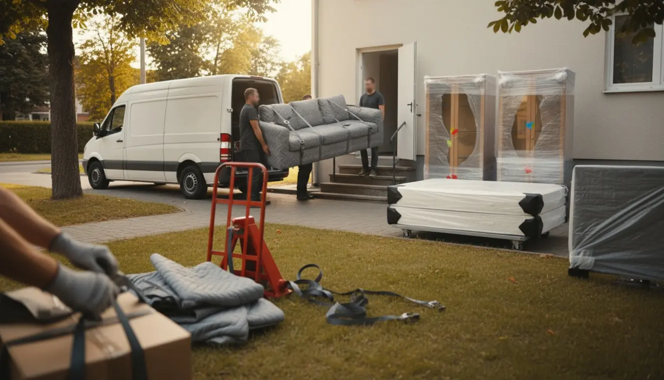 Flyttefolk bærer en indpakket sofa op ad trappen til en første sal lejlighed ved en stille villavej.