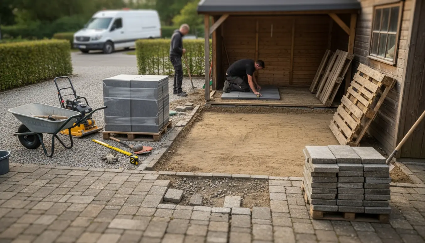 Gårdsplads med sænket holmegårdssten og et skur klar til nyt gulv med grus og stakke af 50x50 cm fliser.