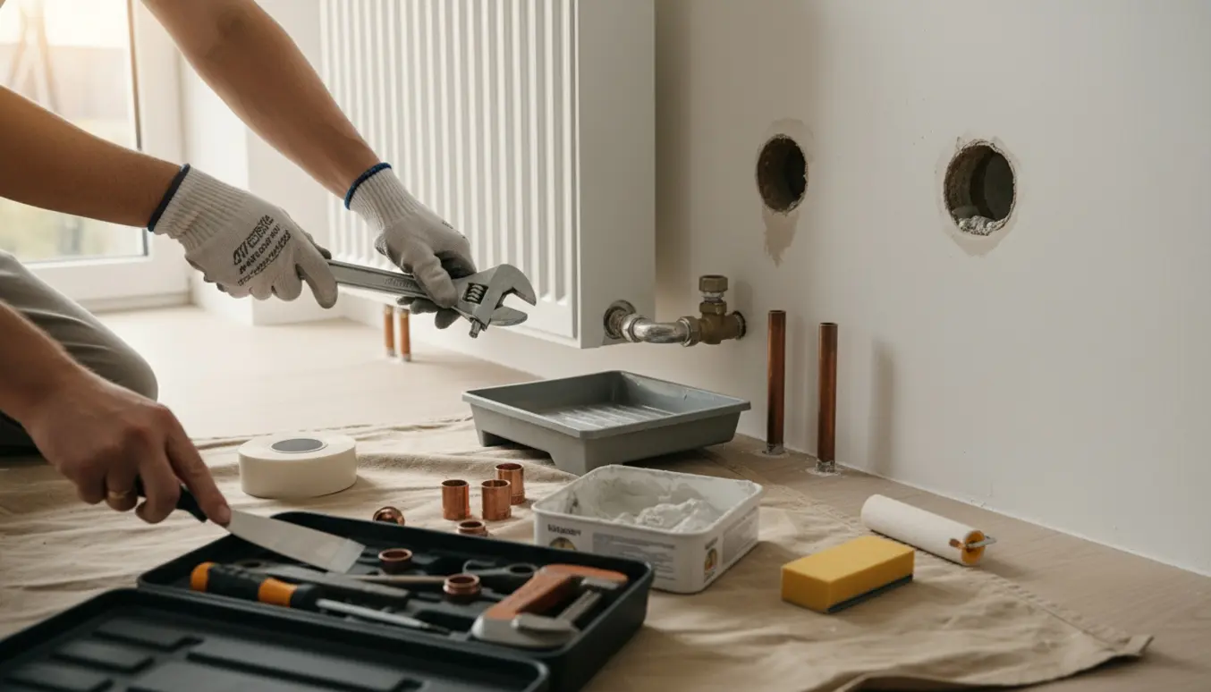 Hænder fjerner en vægradiator og spartler huller i væggen i et lyst rum.