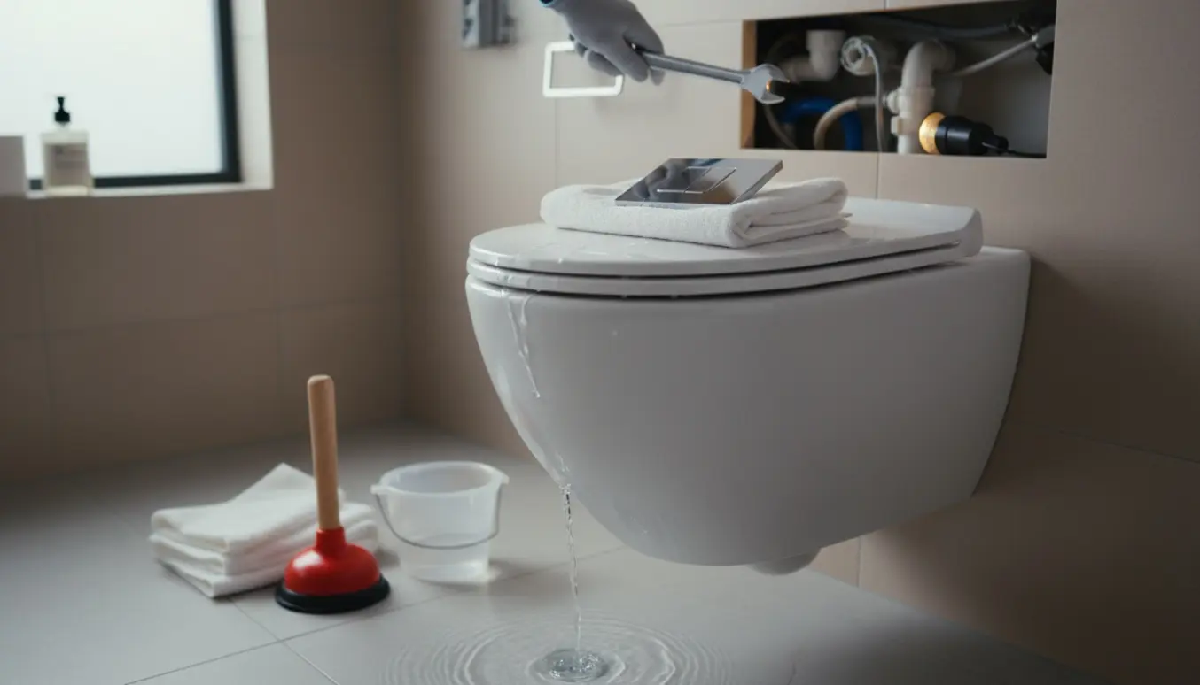 Vægmonteret toilet med svag skylning, åben adgang til cisternen og værktøj ved siden af.