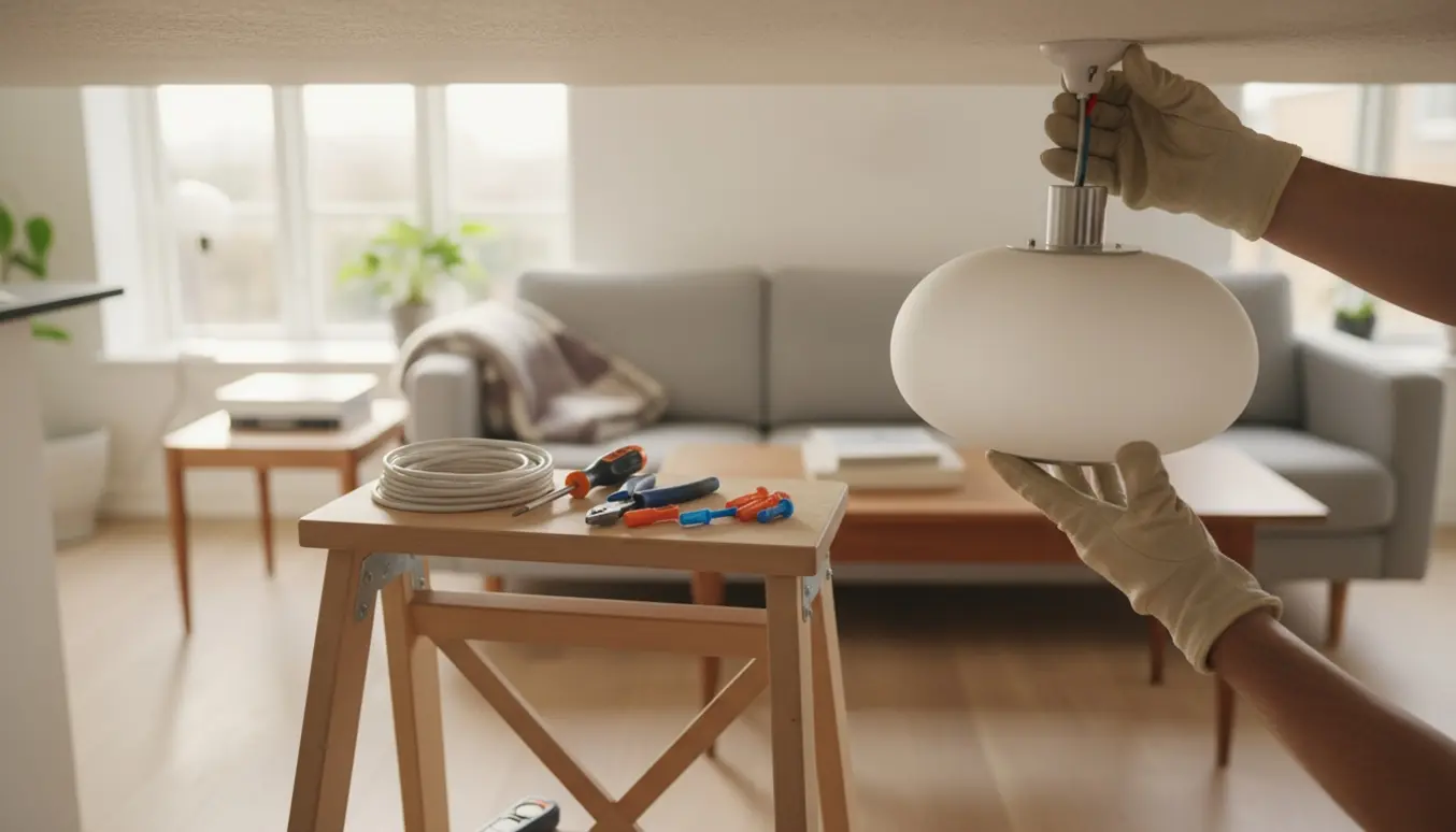 Nærbillede af hænder på en stige, der monterer en Holmegård-inspireret loftslampe i en hyggelig stue.