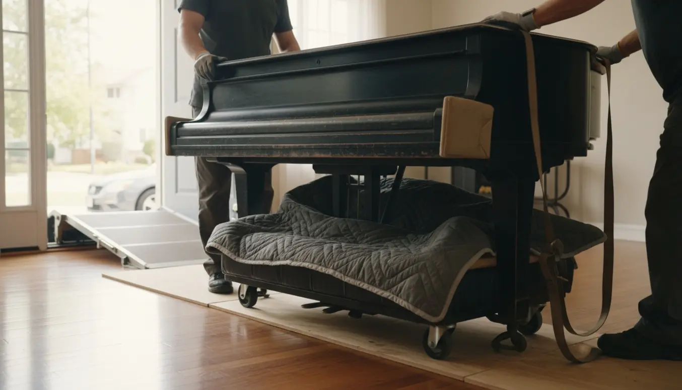 To flyttemænd læsser forsigtigt et 160 cm flygel på polstrede tæpper og en dolly i stueetagen.