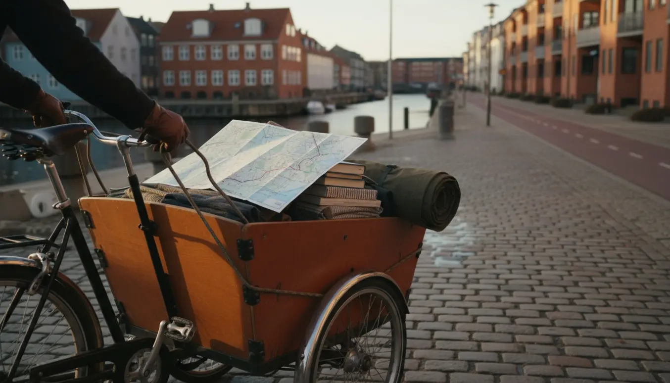 Christiania-ladcykel parkeret på brostensgade i gyldent eftermiddagslys, pakket og klar til levering mod Vesterbro.
