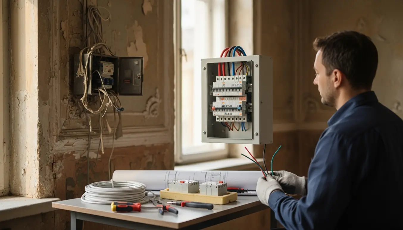 En elektriker udskifter en gammel eltavle og forbereder nye kabler i en ældre lejlighed.