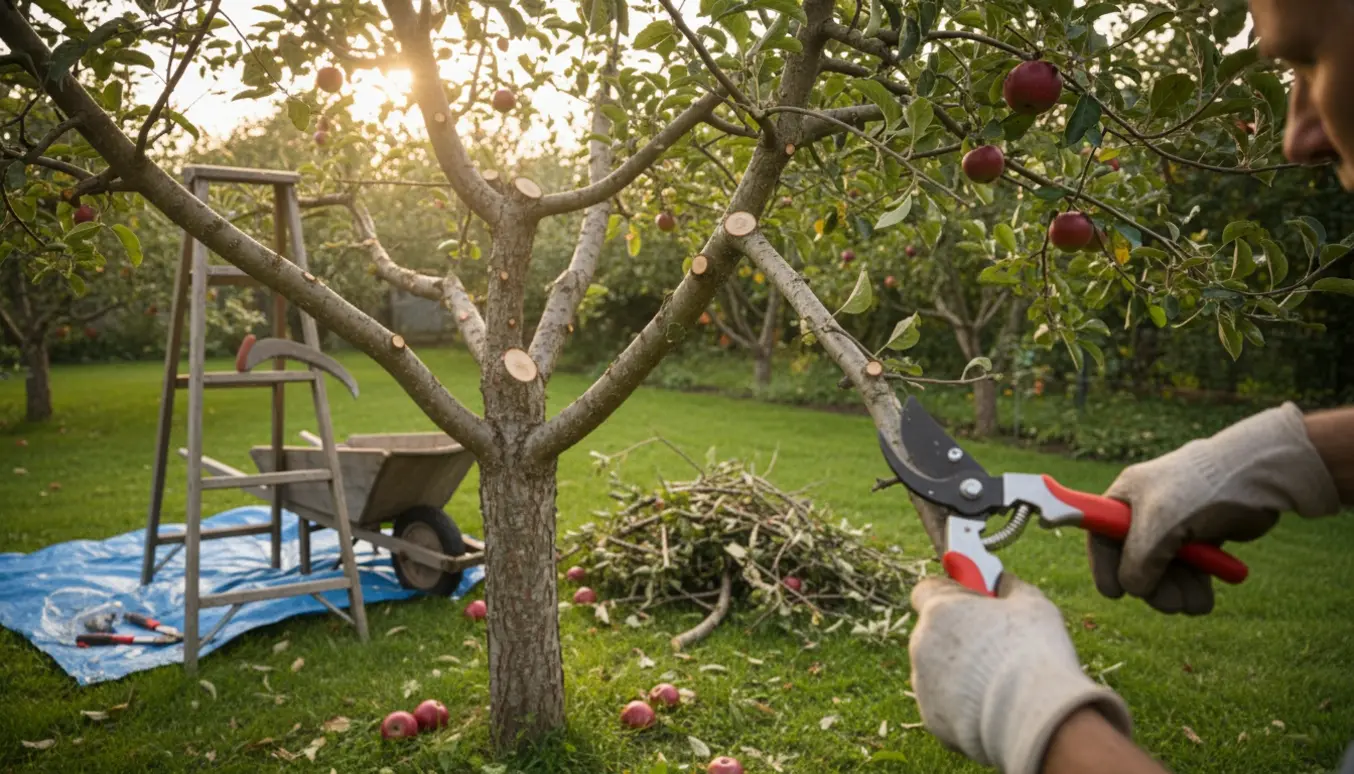 Person beskærer et æbletræ i en have med grensakse, sav og en trillebør til afklip.