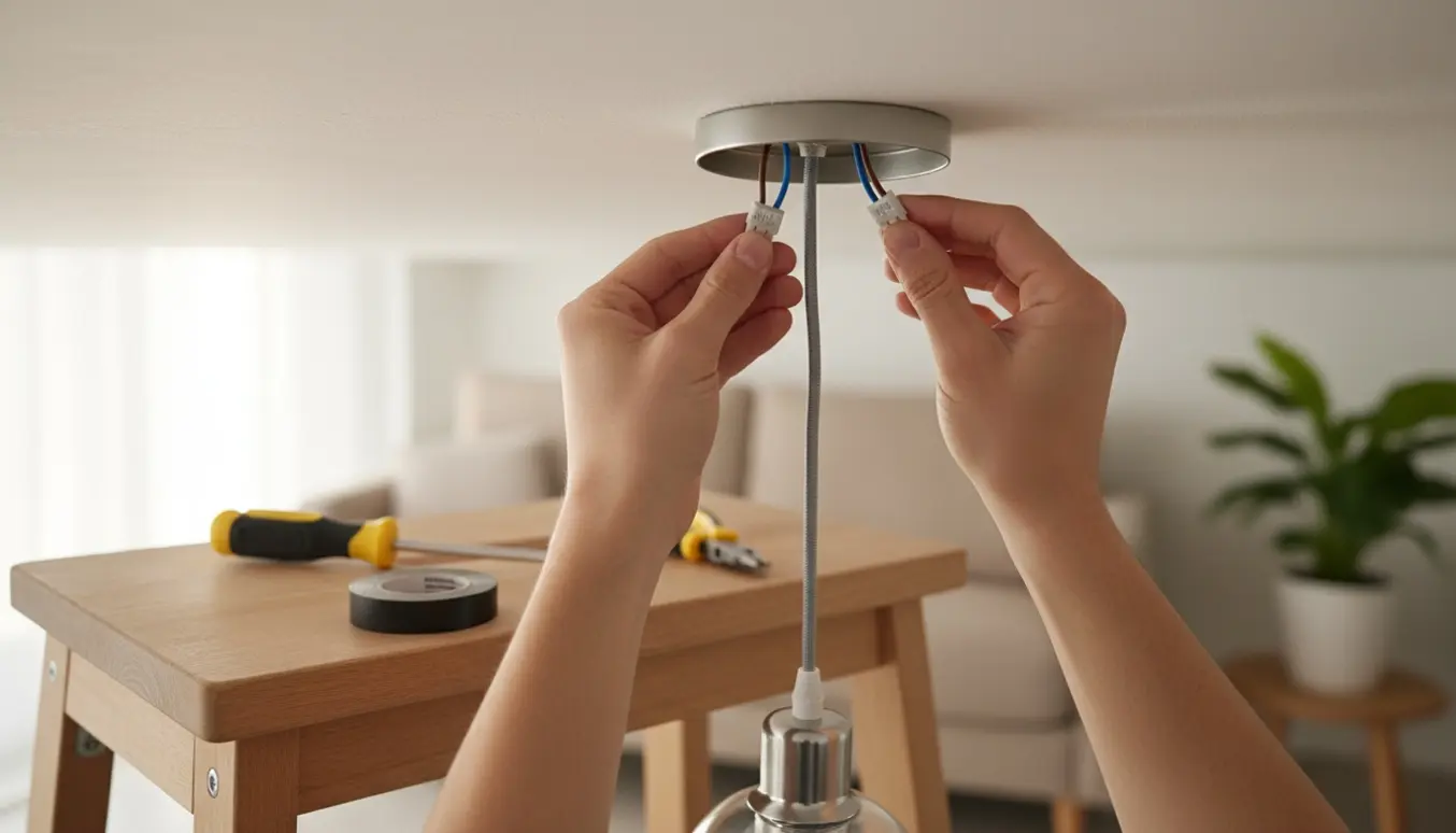 Nærbillede af hænder, der monterer en lille loftslampe i et lampeudtag med værktøj og ledninger.