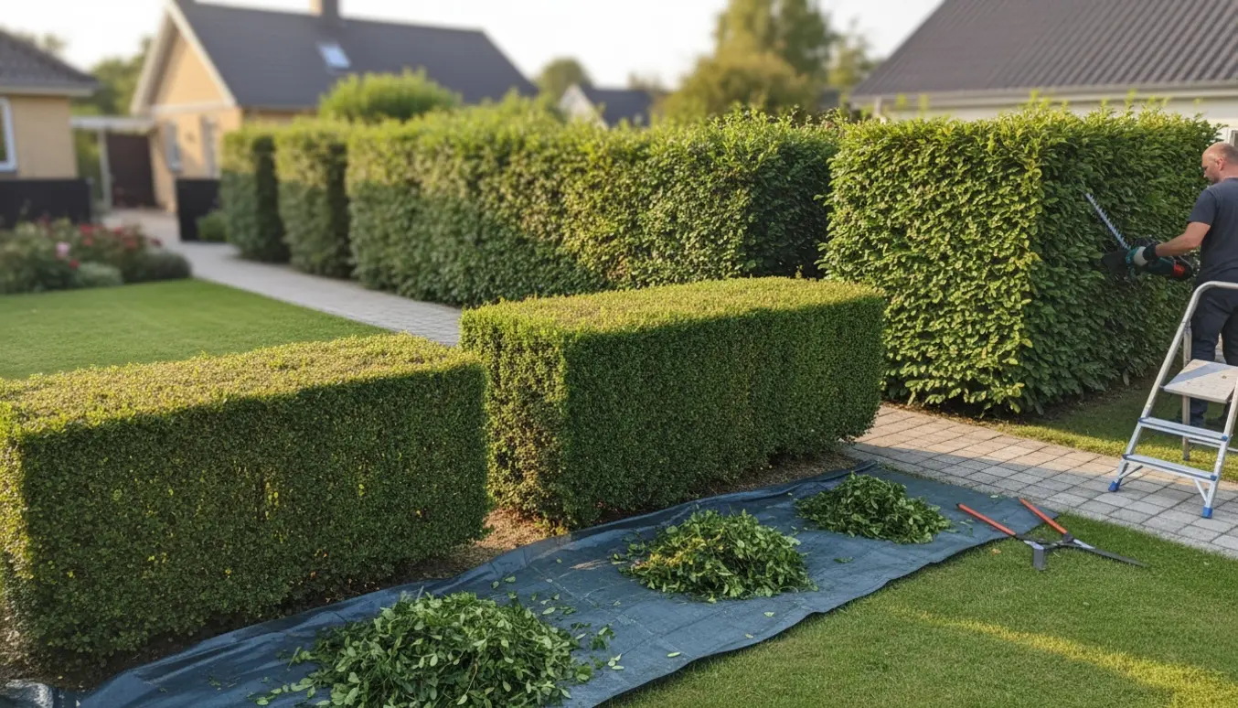 Nyklippede hække af fjeldribs, liguster, tjørn og bøg langs en havegang med haveredskaber og en person set bagfra.