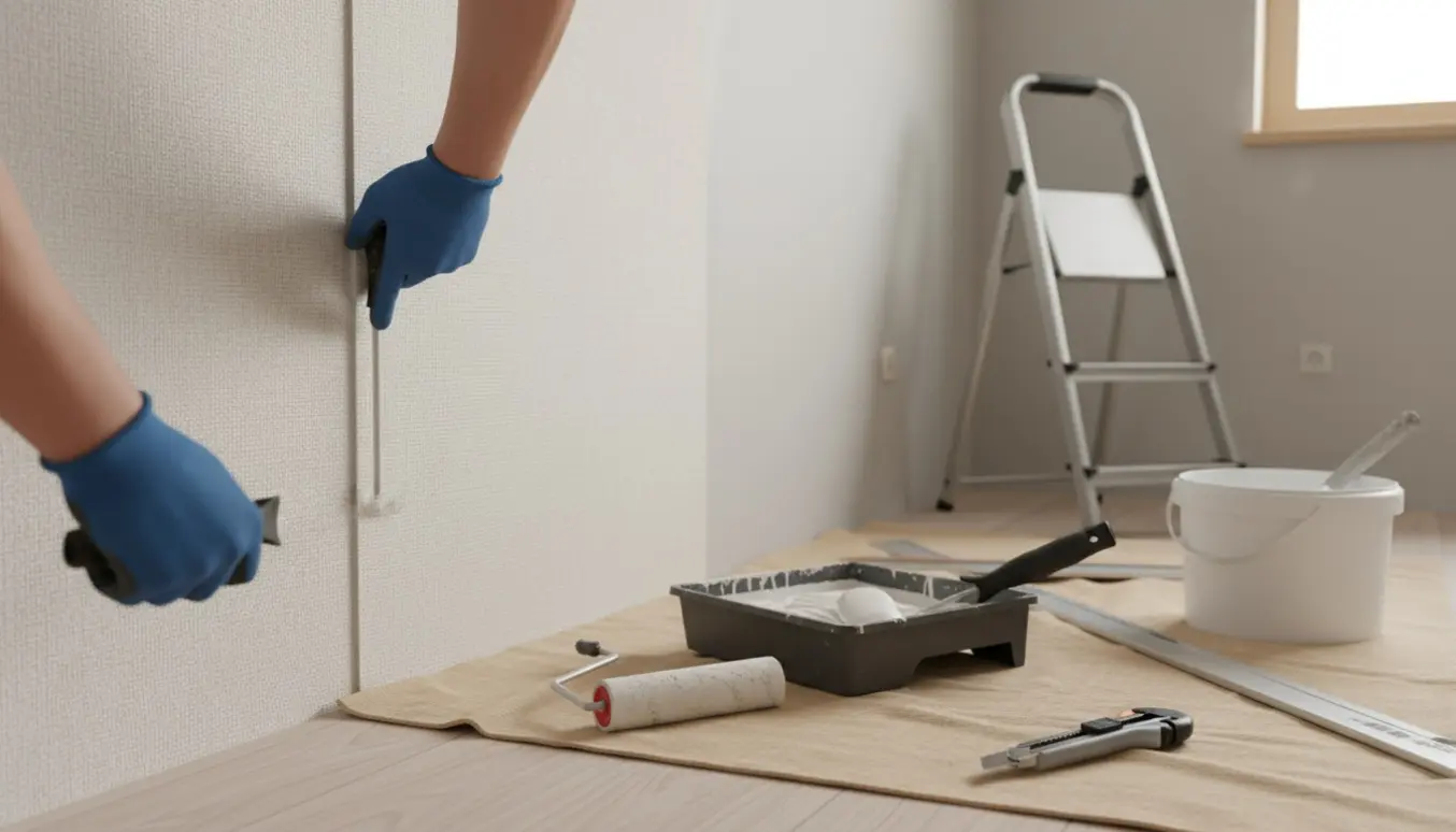 Klargjort lille værelse hvor glasvæv bliver opsat og glattet med en sømroller.