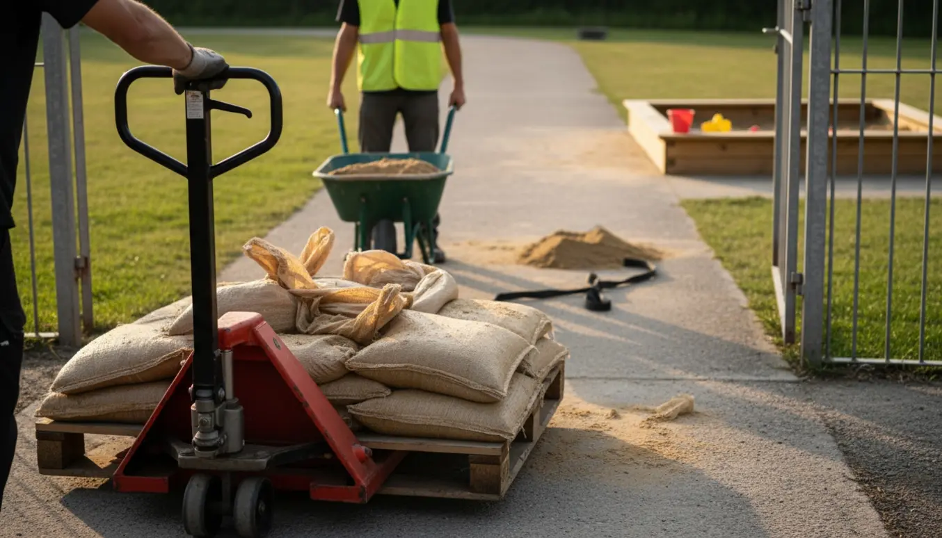 Paller med sandposer flyttes med palleløfter og trillebør mod en sandkasse i baggrunden.