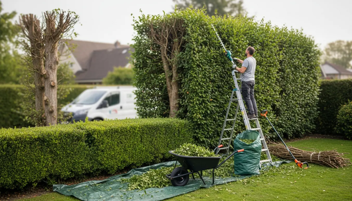 En professionel beskærer ligusterhæk med stige og maskine, mens afklip er samlet i trillebør og affaldssæk.