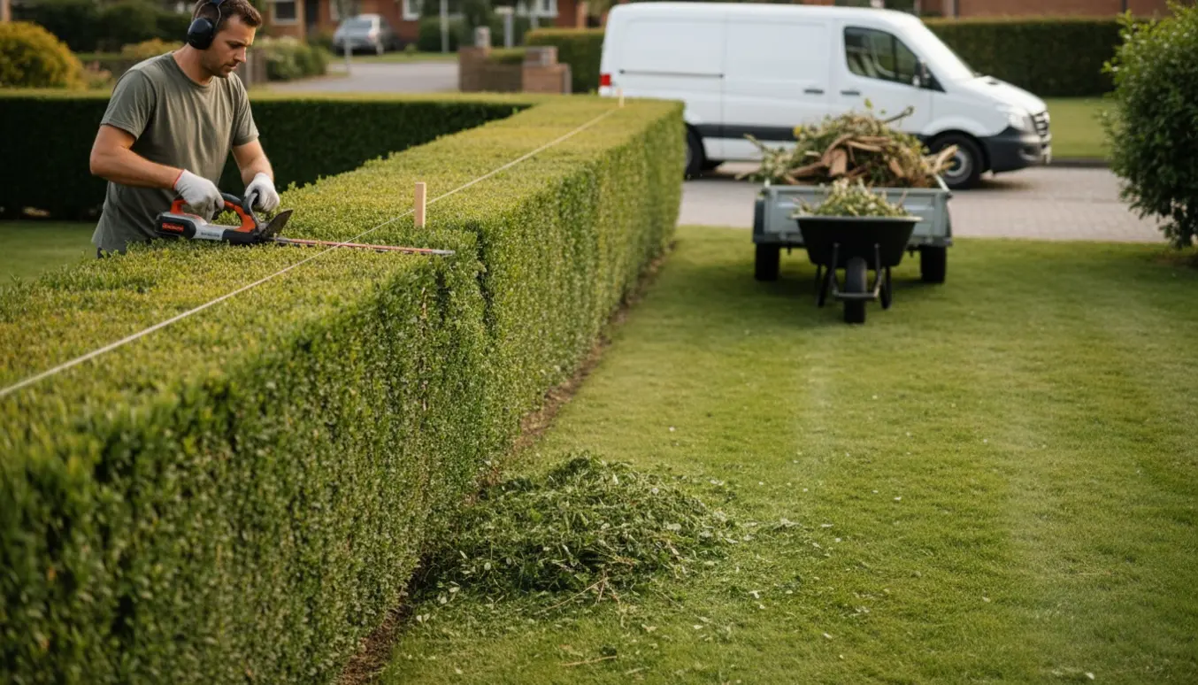 Person set bagfra klipper en lige, grøn hæk med trillebør og trailer fyldt med afklip.